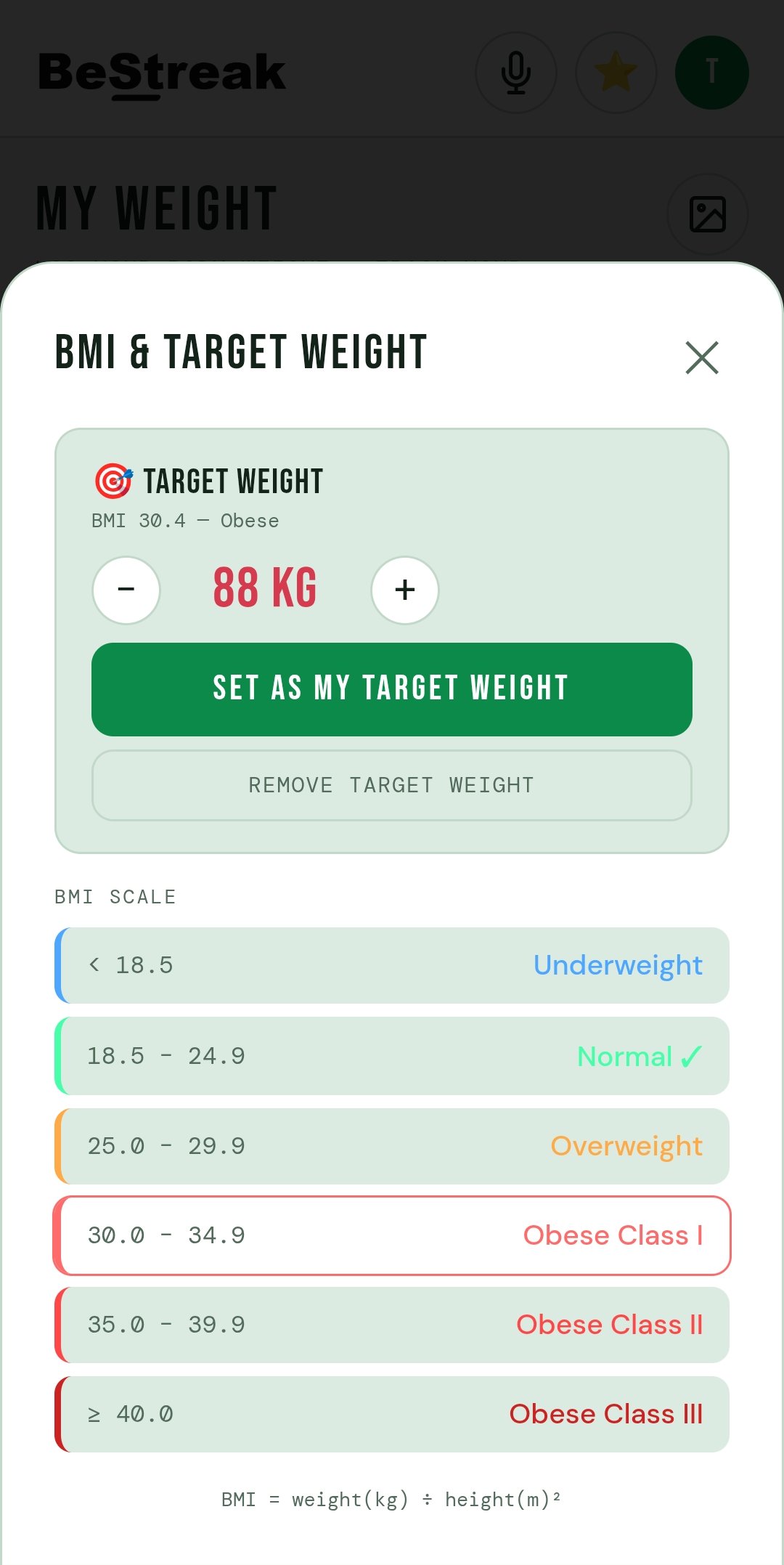 BMI and target weight calculator with BMI scale