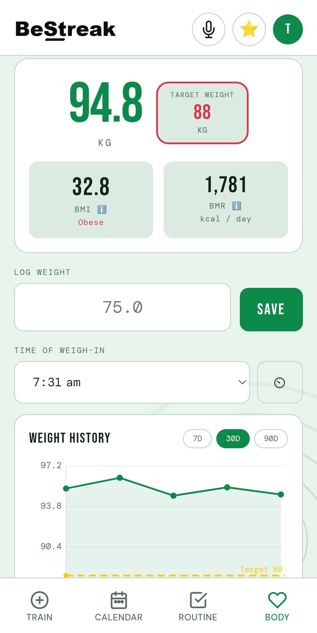 Body weight, BMI and BMR with 7/30/90-day history