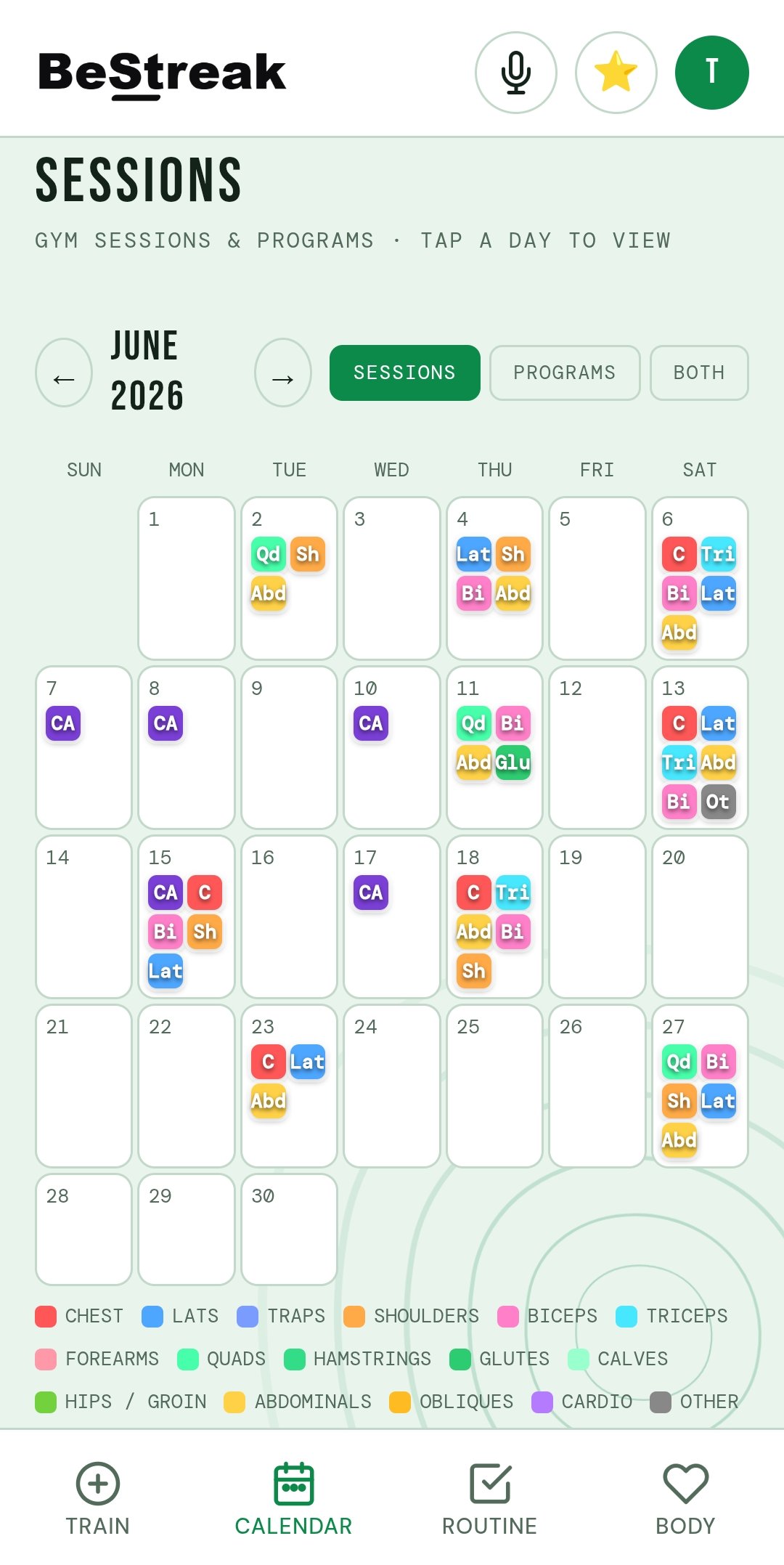 Session calendar, color-coded by muscle group
