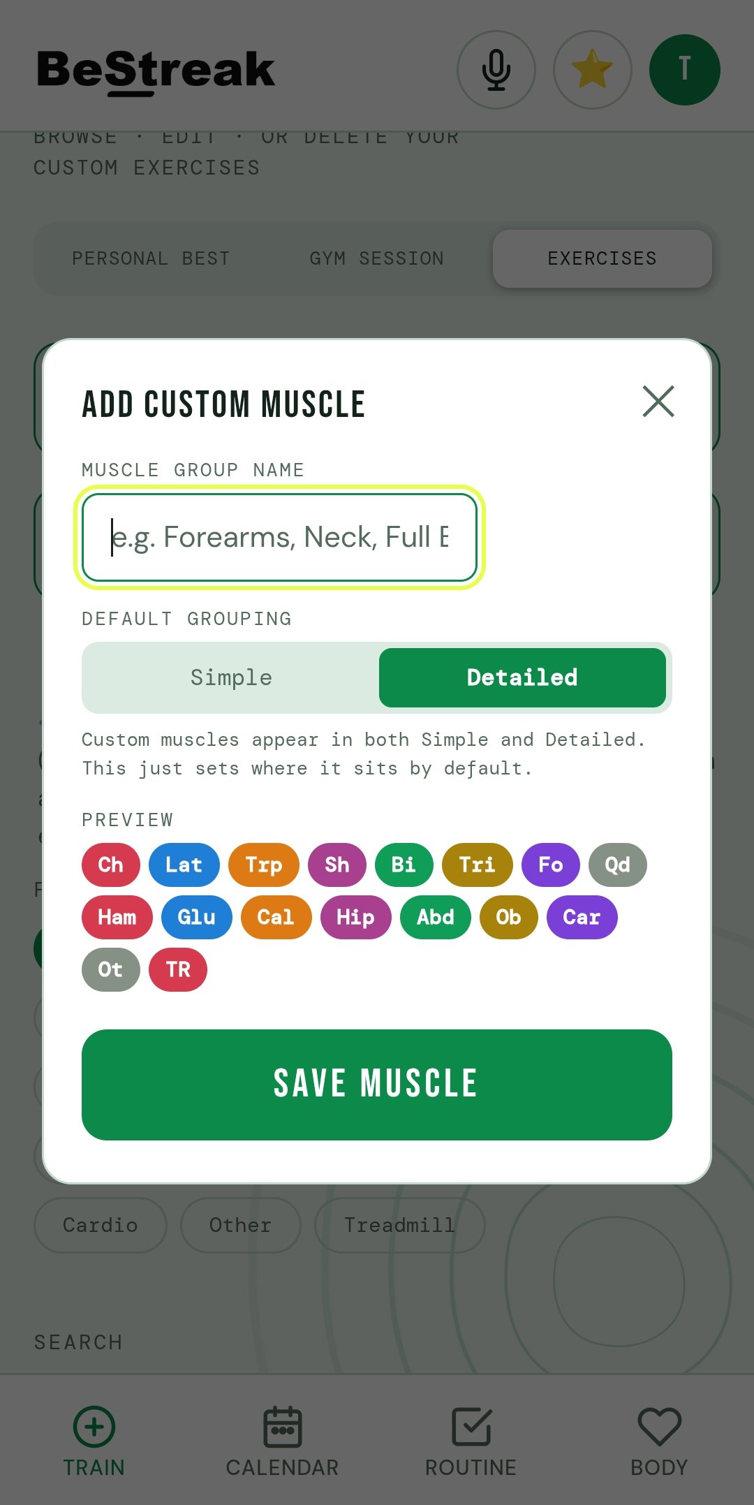 Add a custom muscle group to the exercise database