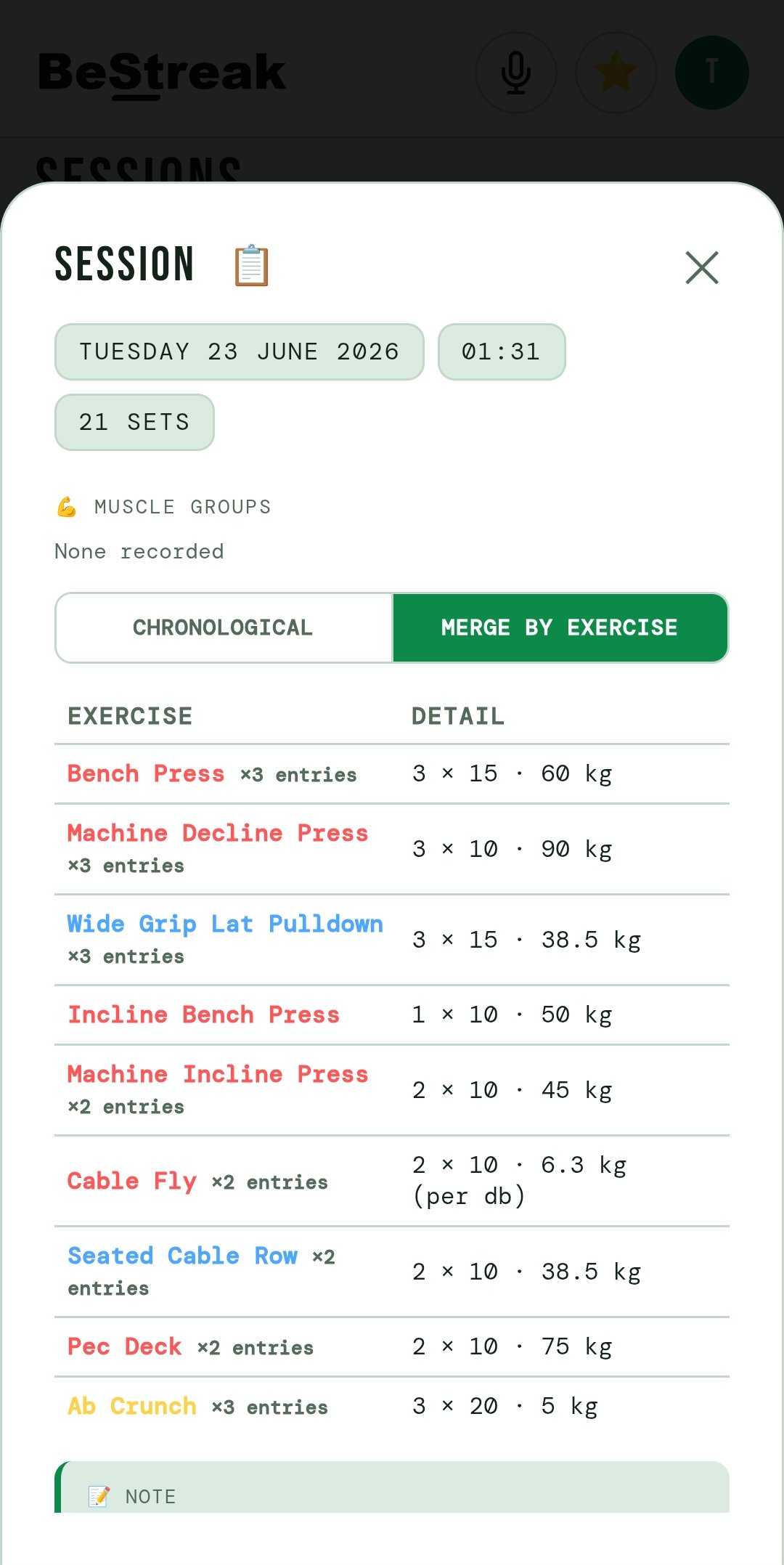 Individual session detail, merged by exercise