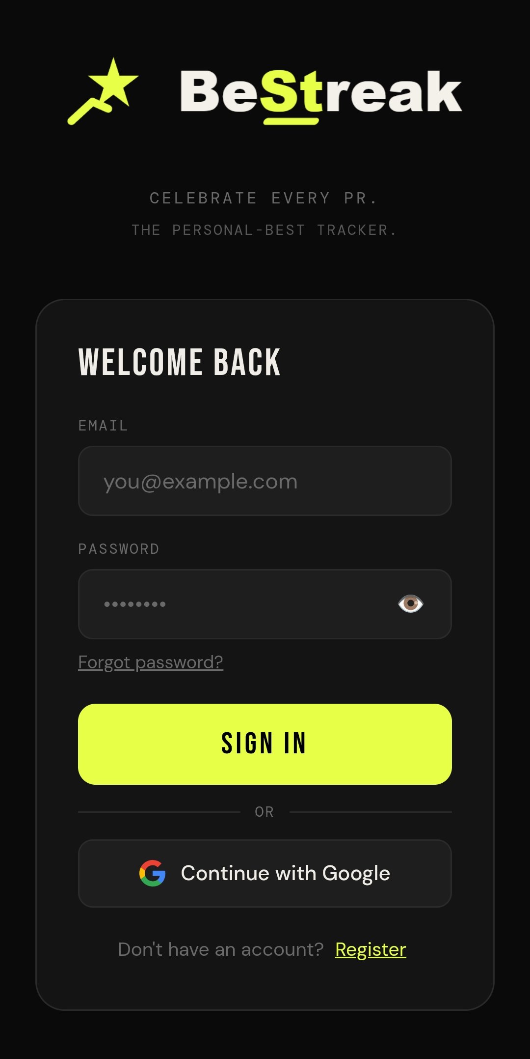 Sign in screen — email and password, or continue with Google