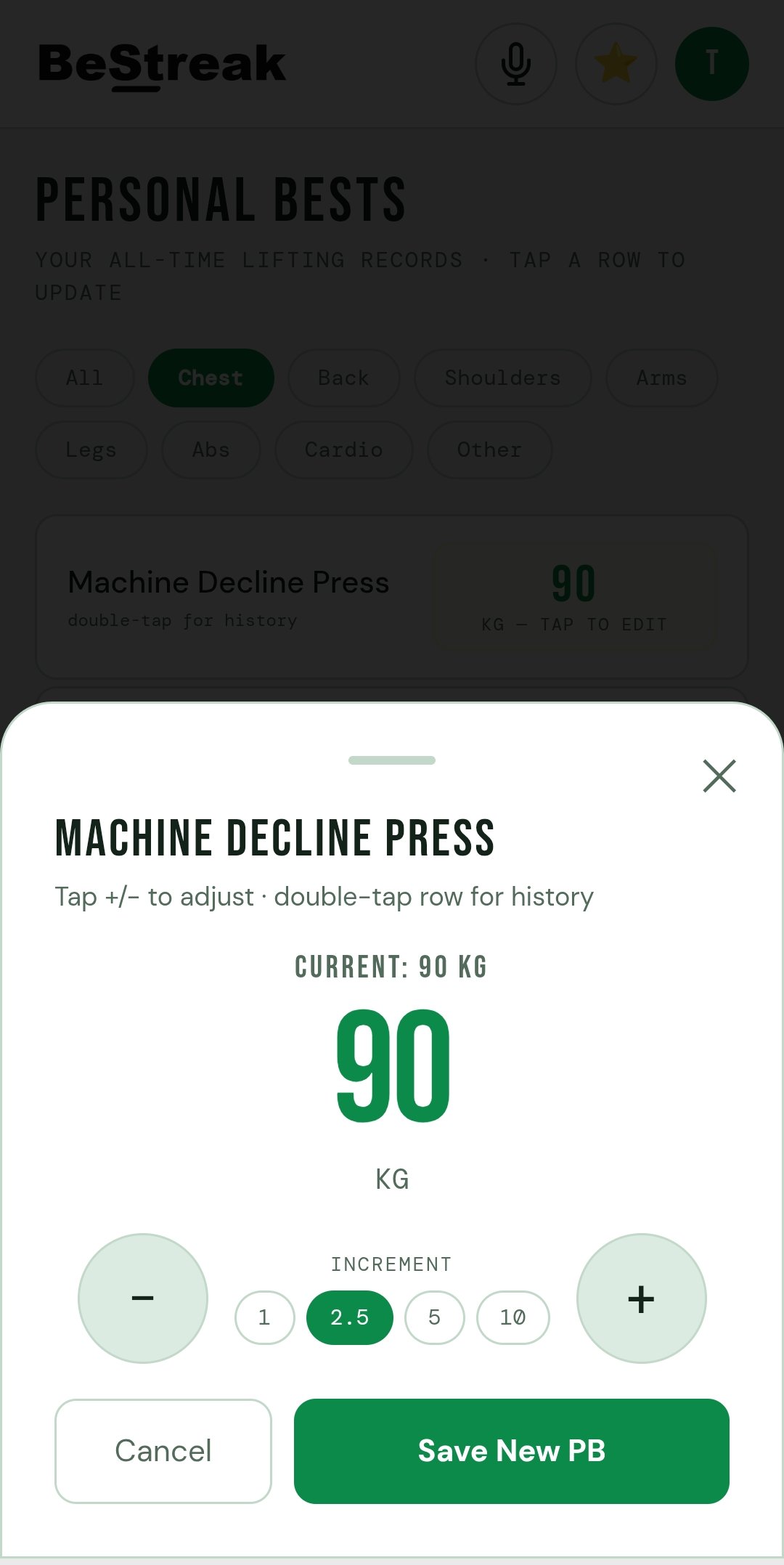 Personal best dial — tap +/- to log a new PR