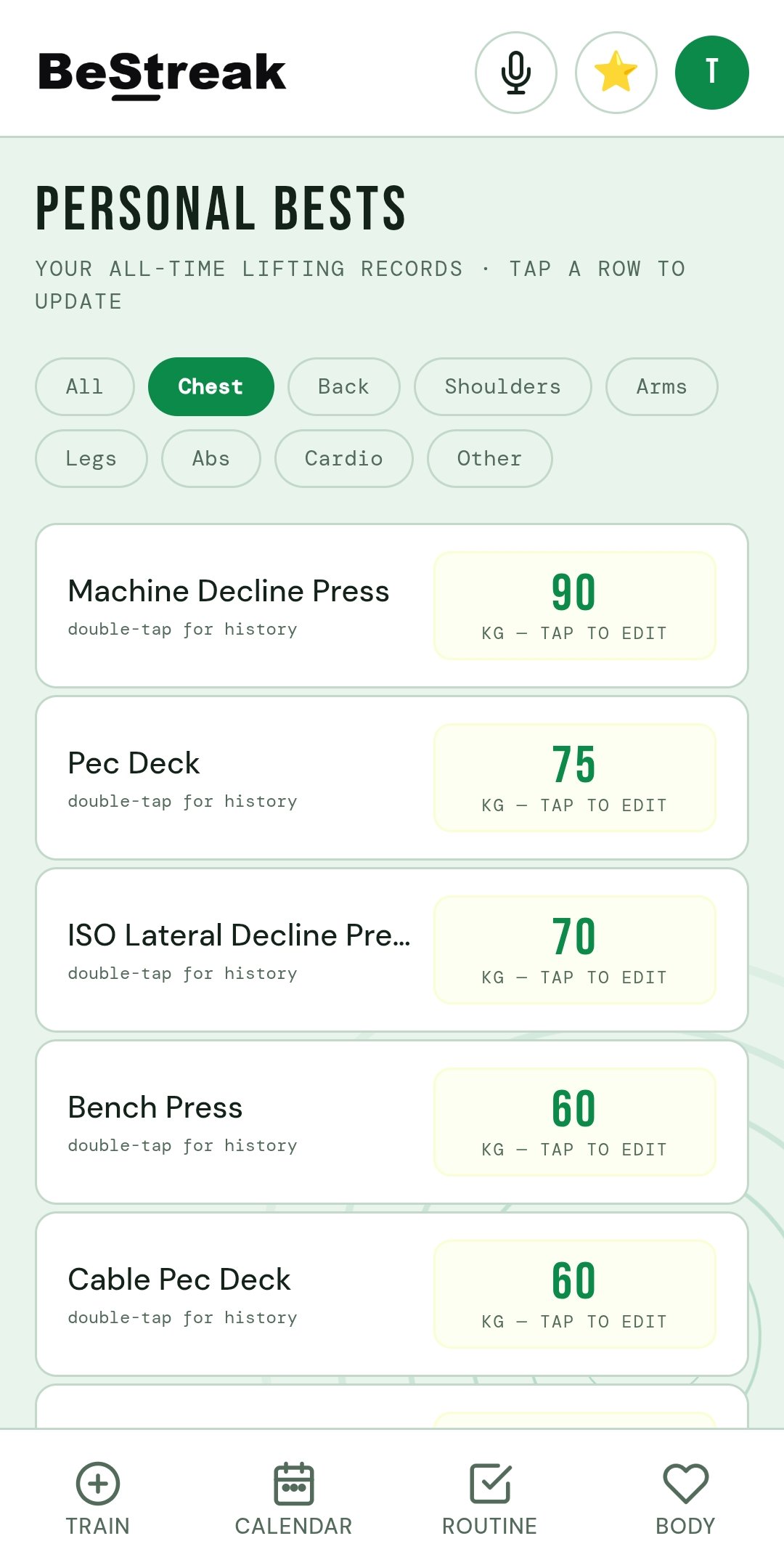 Personal Bests list, filterable by muscle group