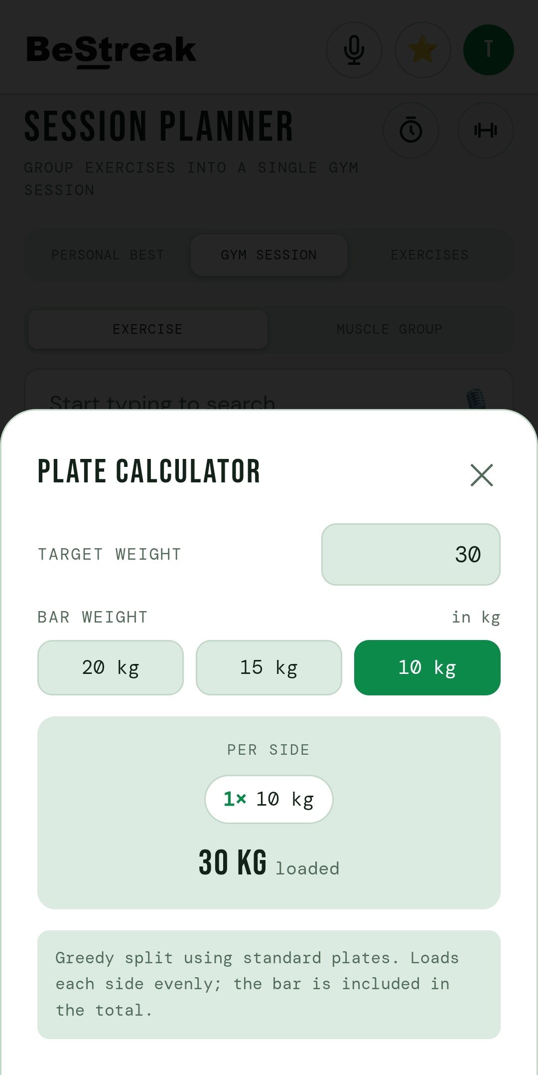 Plate calculator, greedy split across standard plates