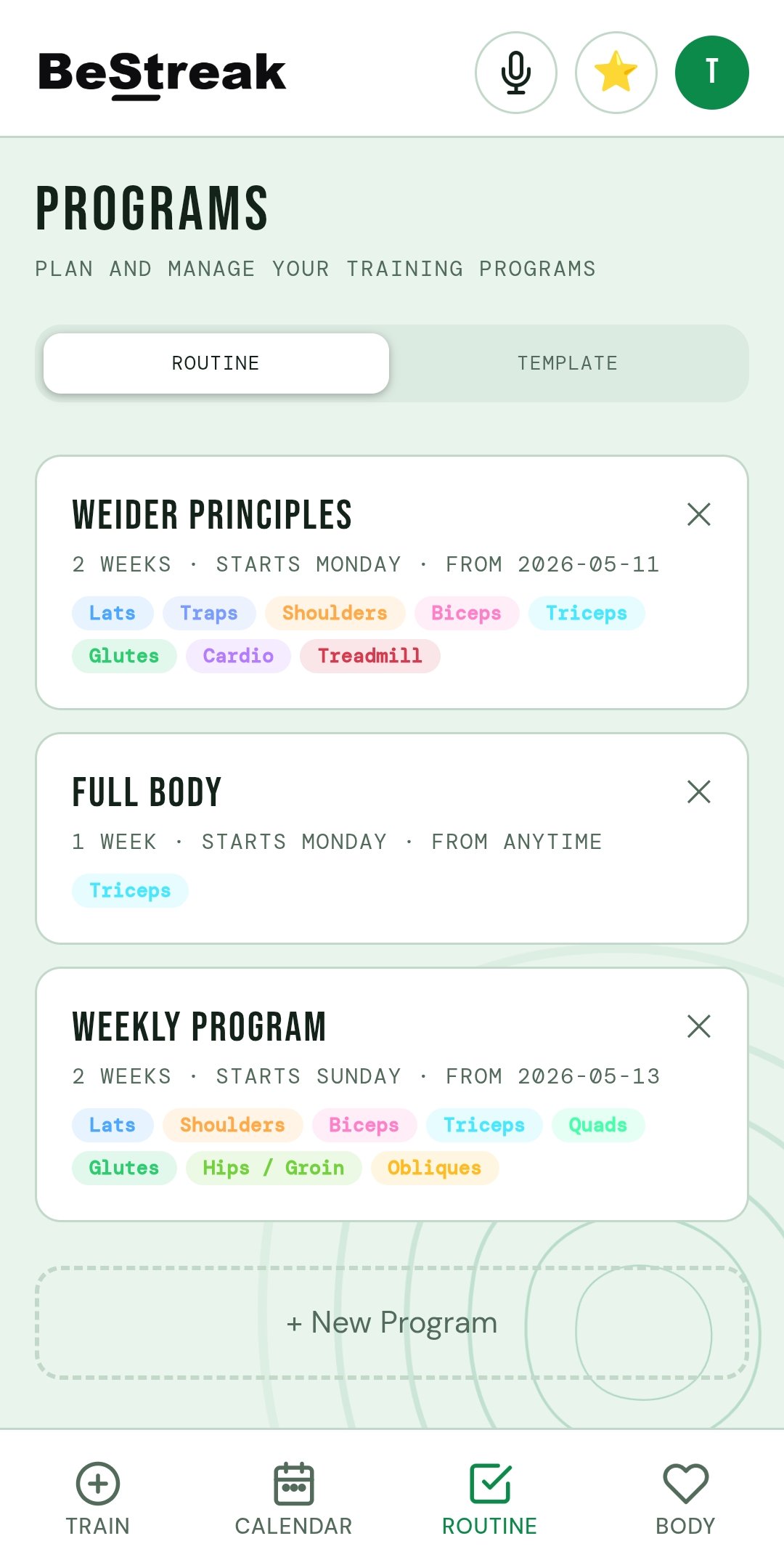 Session planner — search exercises by name or muscle group