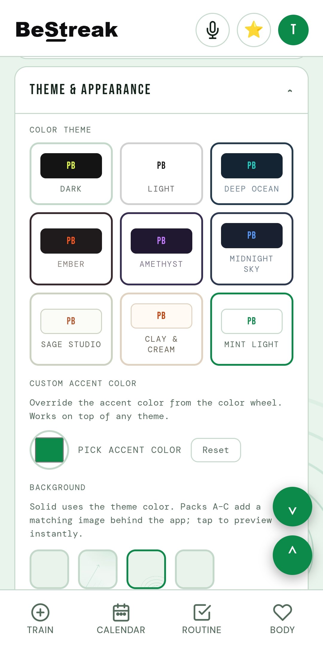 Theme & Appearance settings — six built-in color themes