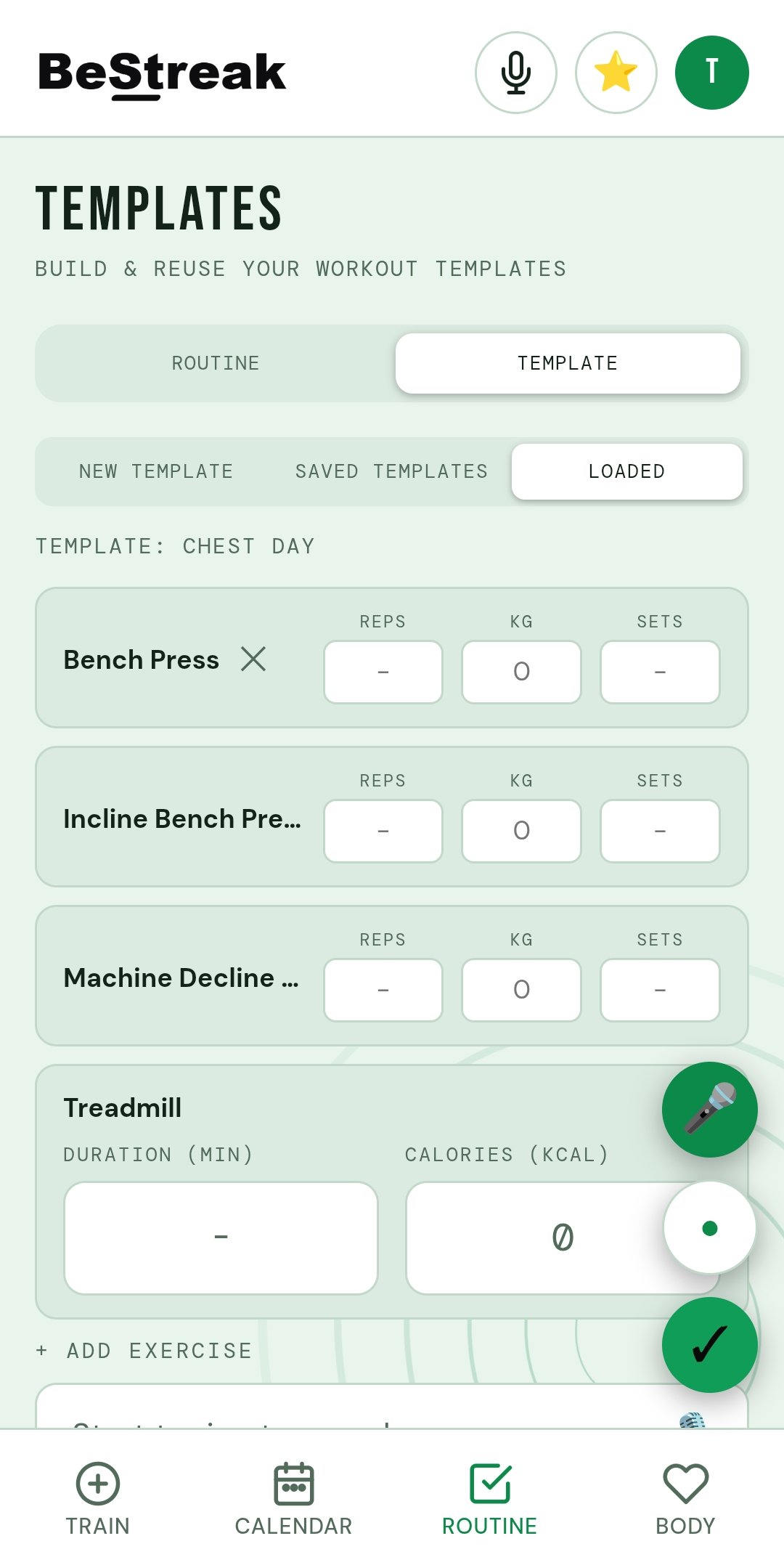 Saved workout template loaded into the planner