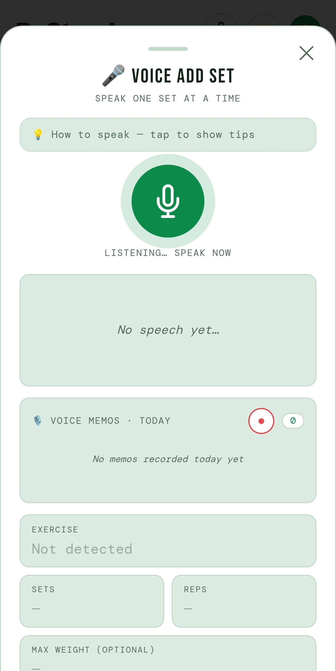 Voice Add Set — speak a set and BeStreak logs it